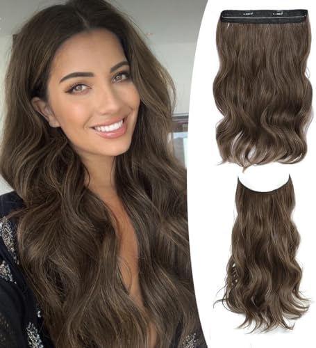 FINE PLUS Invisible Wire Hair Extensions with Transparent Wire Adjustable Size 2 Clips Long Wavy Line Secret Hairpiece 16Inch