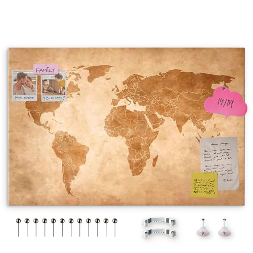 decomonkey Planche en fibre pour dessiner des épingles120x80 cm avec 50 broches Carte du monsur fond brun Tableau d'affichage et peinture sur toile en unn...