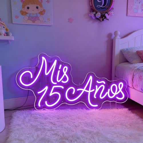 Image of Mis 15 Anos Neon Sign for Wall Decor Custom 15th Birthday Party Led Neon Light, Mis Quince Party Decor,Sweet 15 Quinceanera Party Sign,Gifts - for Her USB Powered Size:19.5inch(Purple)