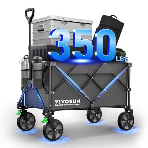 VIVOSUN Collapsible Folding Wagon, 350 lb Load-Bearing Outdoor Utility Cart with Silent Universal Wheels, Cup Holders &Side Pockets, Adjustable Handle, for Camping, Garden, Sports, Picnic, Shopping