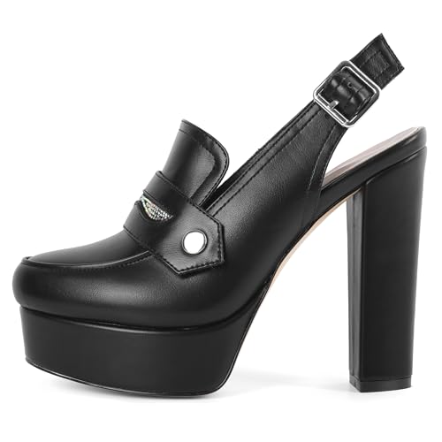 Image of Women's High Heel Loafers Platform Pumps Round Toe Heels Chunky Heel Pumps Stylish Comfortable 4.8 Inch Slingback Heels
