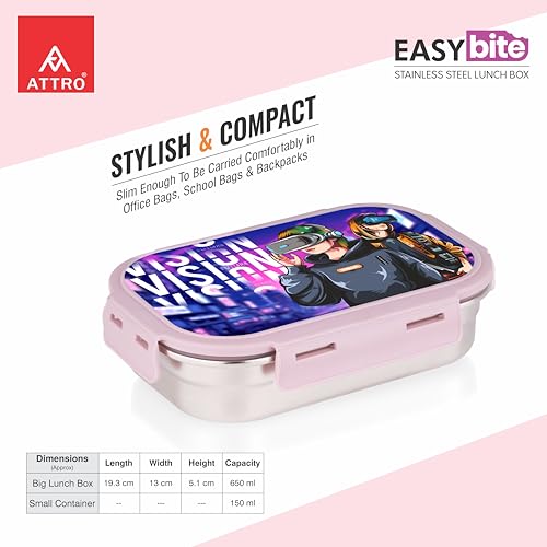 Image of ATTRO Easy Bite Stainless Steel Lunch Box with Inner Steel Body, Airtight 4-Side Lock Lid, Leakproof Silicone Seal, Small Container for Office School Kids Tiffin Box - 650ml+150ml-VR Gaming Peach