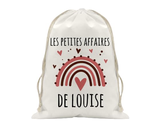 Sac à doudou/pochon/pochette avec lien prénom personnalisé en coton pour enfant 3 tailles disponibles et sac à dos en toile bio motif Arc en ciel rose vieux