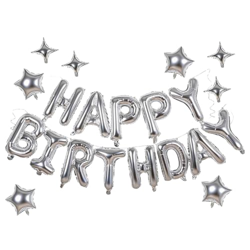 Image of Silver Happy Birthday Balloons Banner 16 Inch Mylar Foil Letters, 10 Inch Five & Four Star, Inflatable Party Decor and Birthday Decorations for Women, Men, Boys & Girls Kids and Adults, Party Supplies