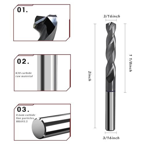 Image of 3 /16 Carbide Drill Bit: Max 700 Holes for Hardened Steel Stainless Steel Hot Working Steel Metal CNC Tungsten Solid Carbide TiAlSi Coating Jobber Drill Bits 135 Point Angle 2PCS