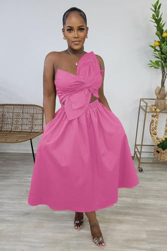 Image of YUEWOO Midi Dresses for Women Casual Summer Sundresses Vacation Outfits Spaghetti Strap Smocked Women Maxi Dress with Pockets