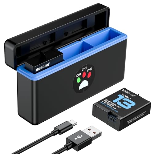 ENEGON Hero 13 Rechargeable Li-Ion Battery 2-Pack with triple Slot Fast Charger Compatible with Gopro Hero 13 Black Action Camera LED Display.