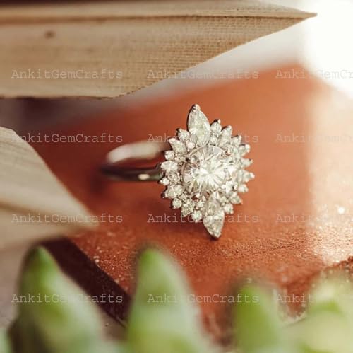 14K Gold Sunburst Moissanite Engagement Ring Vintage Halo Marquise & Round Cut Bridal Ring Art Deco Statement Wedding Jewelry Gift for Women3