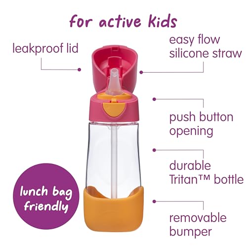 Image of b.box Tritan Straw Kids Water Bottle 450ml | School Bottle for Kids, BPA Free Straw Bottle | Leak Proof Bottle for Travel | Easy Grip Triangular Design & Handle | Pink Orange