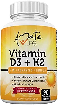 Amate Life Vitamin D3 K2 Supplement MK7 Chewable for Immune Support, Bone Health & Heart Health - Vitamin D3 2000IU & Vitamin K2(MK7) 75mcg for Women & Men 90 Cherry Flavor Tablets