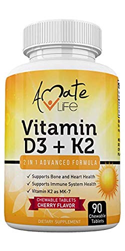 Amate Life Vitamin D3 K2 Supplement Mk7 Chewable For Immune Support, Bone Health & Heart Health - Vitamin D3 2000Iu & Vitamin K2(Mk7) 75Mcg For Women & Men 90 Cherry Flavor Tablets #TOP14