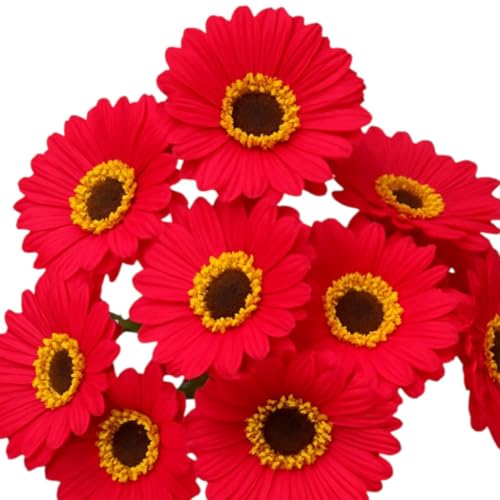 Image of Garden Art Artificial 5 Pcs Gerbera Flower Sticks, 33 cm, RealTouch Natural Looking | Silicone Decorative Bunch for Home GAAGFB-1H-33R (Red)