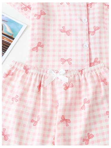Image of SHENHE Women's 2 Piece Pajama Set Bow Graphic Button Down Short Sleeve Lapel Shirt Pj Short Set