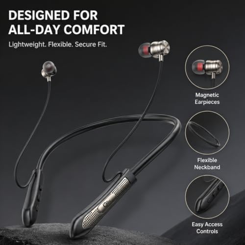 Image of Hello Wireless Bluetooth Neckband with ENC Mic, 48H Playtime, Bluetooth 5.3, 12mm Deep Bass Drivers, Type-C Fast Charging, IPX4 Sweat & Water Resistant, Magnetic Earbuds