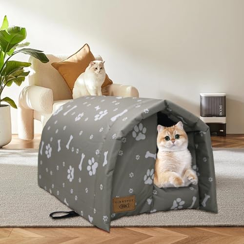 Vinnypet Katzenhaus Für Draußen Winterfest Wasserdicht Und Warm Faltbare Katzenhöhle mit Plüschkissen Weich Hundehöhle Tierheim Für Streuner Haustiere 54x42x36cm