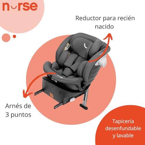 Miniatura 4 de Nurse Titane Silla de Coche i-Size 40–150 cm, 360º, ISOFIX y Pata de Apoyo, A Contramarcha y Cara Marcha, Protección Lateral, Gris
