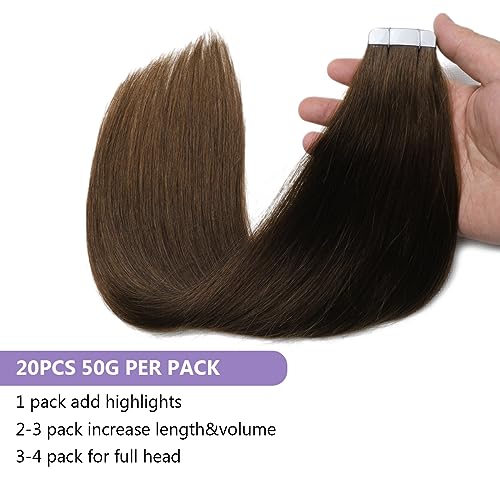 Sindra Tape in Hair Extensions 50g 14inch Medium Brown Straight Seamless Tape in Remy Human Hair Extensions 20pcs #4 14" - Image 3