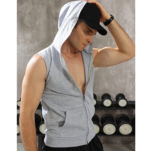 Endoradore Men's Sleeveless Zip Up Hooded Workout Tank Tops Lightweight Muscle Cut T Shirt Hoodie Zip-Up Vests Jacket Grey #TOP5