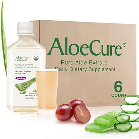 AloeCure USDA Organic Aloe Vera Juice Grape Flavor, Made Within 12 Hours of Harvest - Pure Aloe Juice Natural Digestive & Immune Support Supplement, Naturally Balance Stomach Acidity, 16.7oz x 6 Btls Cover