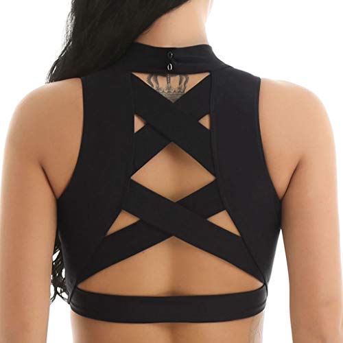 YiZYiF Women Girls Sleeveless Mock Neck Criss Cross Back Sports Bra Crop Tank Top Black Small