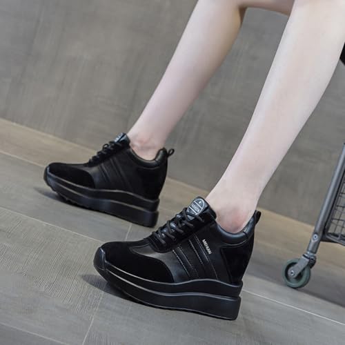 Image of Platform Sneakers for Women High Hidden Heel Wedge Sneakers Fashion Leather Chunky Lace up Wedge Tennis Shoes Increasing 3.94 inch