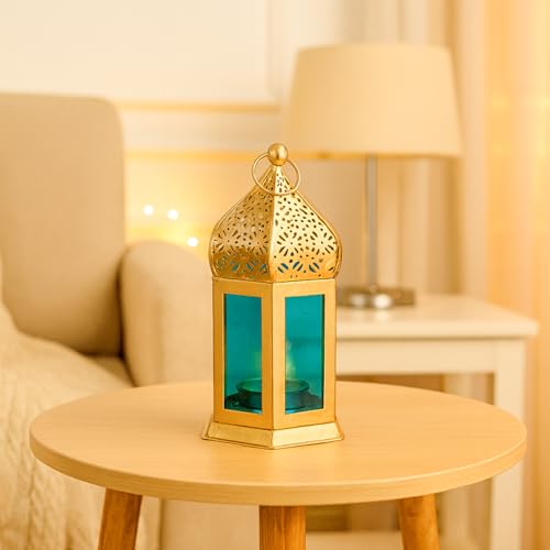 Image of MARKET 99 Metal+Glass Moroccan Lantern with Plain Glass | for Diwali, Christmas, Birthday, and Wedding | Decorative Candle Holder for Home Decor -Golden & Blue | (Use LED T-Light only)