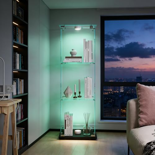 HYNHXBP Vitrines, vitrines en Verre, armoires de Rangement Verticales en Verre,Vitrine Verre avec LED,adaptées aux Salons, Chambres, Bureaux (Noir+ Lampe...
