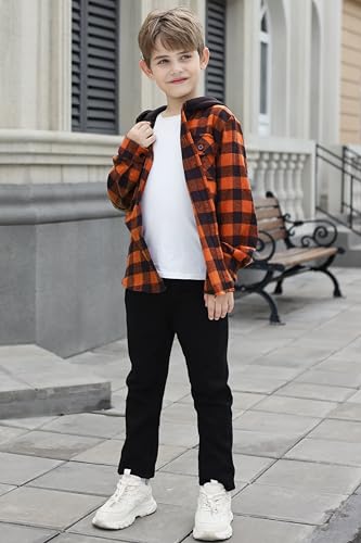 Cromoncent Boy's Long Sleeve Hoodie Jacket Button Down Plaid Flannel Shirt,Hooded Orange Black,5-6Y = Tag 130 — view 5