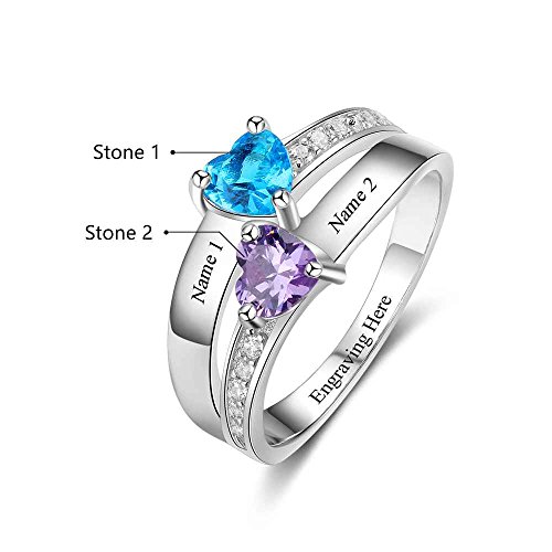 Glamcarat Personalized Mothers Birthstone Ring With 2 Stones - Sterling Silver Customized Engraved Name Jewelry For Women Mothers Ring Promise Ring For Her #TOP4