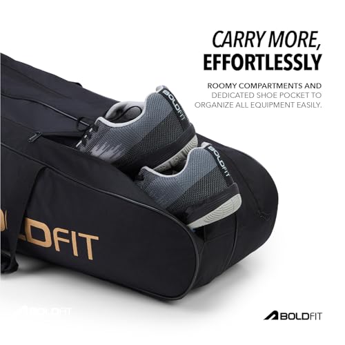 Image of Boldfit Courthaul Badminton Kit Bag for Men & Women 6 Rackets Double Zipper Sports Kit Bag with Backstrap Durable Polyester Badminton Racket Bag for Training, Match & Travel - Black