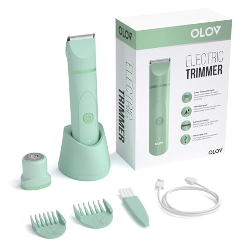 Image of OLOV Electric Body Hair Trimmer - Groin Trimmer for Men - Bikini Trimmer Women - Wet /Dry Shaver Groomer, Replaceable Ceramic Blade Heads, USB Recharge Dock, Waterproof Hygiene Razor, Green