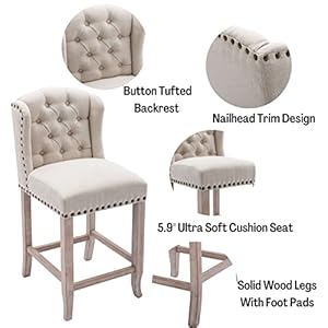 Modern 26" Linen Counter Height Stools Set of 2, Upholstered Button Tufted Counter Stools with Solid Wood Legs Wingback Low Bar Chairs with Nailhead Trim for Kitchen Home Bar, Beige Modern 26 Linen Counter Height Stools Set of 2 Upholstered Button Tufted Counter Stools with Solid Wood Legs Wingback Low Bar Chairs with Nailhead Trim for Kitchen Home Bar Beige
