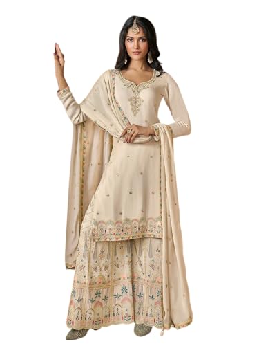 Image of Designer Palazzo Sharara Suit Set with Embroidered Dupatta, Traditional Indian Ethnic Dress, White and Black Variants