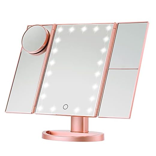 Magicfly Vanity Mirror Lighted Makeup Mirror 10X 3X 2X 1X Magnifying Mirror with 21 LED Lights, Trifold Mirror with Touch Screen, Adjustable Brightness & Stand, Dual Power Supply Mode, Rose Gold