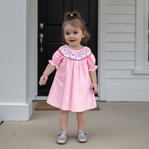 Toddler Baby Halloween Smocked Dress Puff Short Sleeve Pumpkin Embrodiery Plaid Vintage Dresses Princess Party Dress2