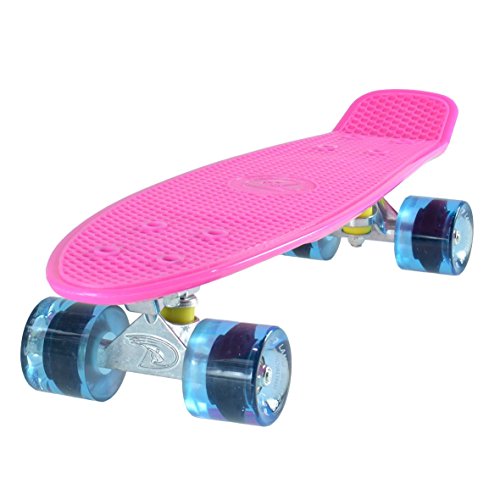 Land Surfer® Skateboard Cruiser Retro Completo 56cm - cojinetes ABEC-7 - Ruedas Transparentes o coloreadas 59mm PU + Bolsa para el Transporte - Tabla Rosa/Ruedas Azules Transparentes