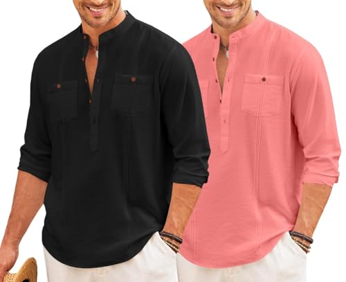 Image of Macsivo Combo of Men's Regular Fit Cotton Blend Solid Casual Short Kurta with Mandarin Collar and Pockets Kurta Pack of 2