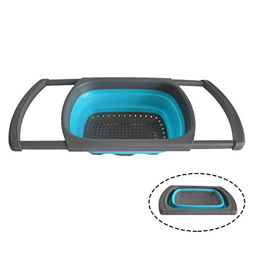 ANPI Escurridor Extensible, Colador de Cocina de Silicona Plegable Cesta de Comida Vegetal Fruta Sobre el Lavabo con Asas Estirables (Azul&Gris)