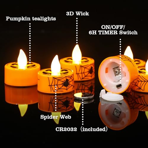 Image of GenSwin Pumpkin Spiderweb Halloween Flameless Candle Battery Operated Timer | Battery Included, LED Tealight Candles for Home Halloween Decoration Gifts, 12 Pack