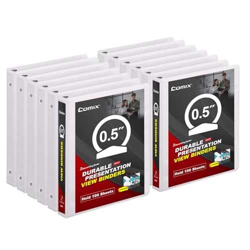 Image of COMIX Sturdy 3 Ring Binder 0.5 Inch with Clear View Cover | PVC-Free,2.4mm Thick Board,Holds Up To 100 Sheets,Fits US Letter 8.5x11 Paper,Office & School Use,12 Pack (White)