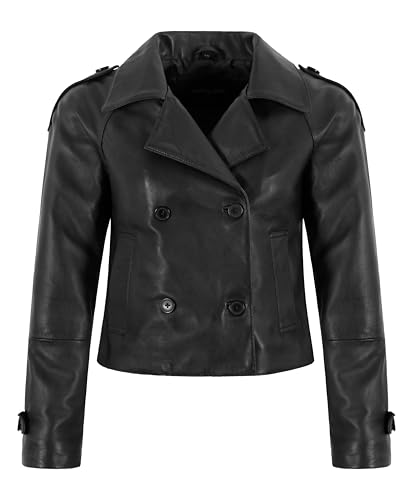 Veste en cuir 5766 style trench court noir double boutonnage mode