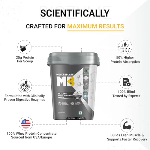Image of MuscleBlaze Biozyme Performance Whey Protein Powder, Chocolate Hazelnut (4kg / 8.8lbs) | 25g Protein Per Scoop | Clinically Tested 50% Higher Protein Absorption
