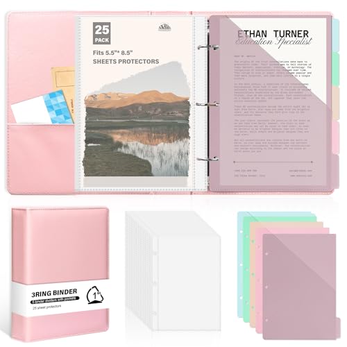 Half SizePu Leather Mini 3 Ring Binder with 5-Tabs Pocket Dividers & 25 Sheet Protectors 5.5 x 8.5 Professional Organizer Cute Organizer Binders 1 D Rings for Small Binder Paper School Office(Pink)
