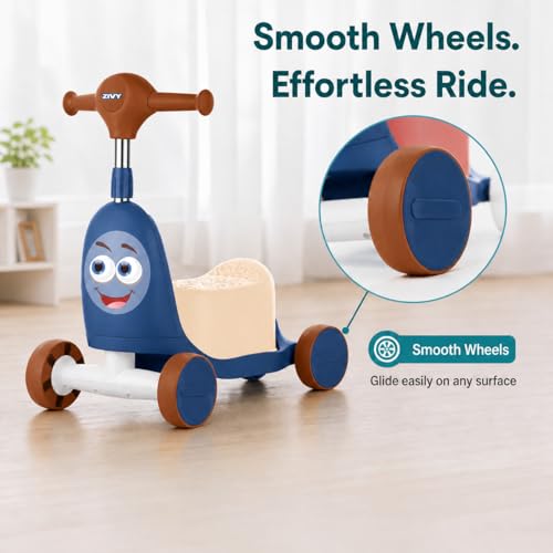 Image of ZIVY Orry Rider 2in1 Kids Scooter & Ride-On Toy Car | Convertible Stand & Drive Scooter | Extra-Wide Comfort Seat, Stainless Steel Stem, Easy Steering & Smooth Wheels for Indoor /Outdoor (Blue)