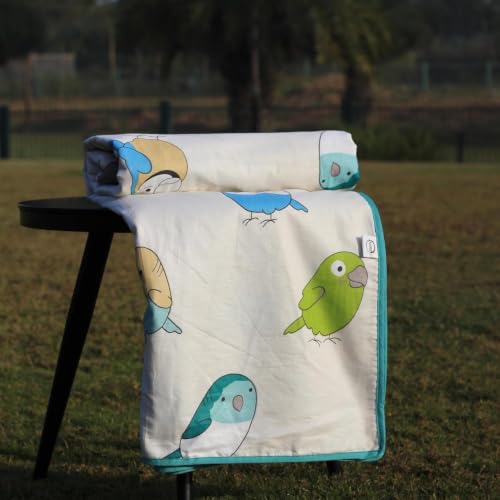Image of LORETO - A QUALITY LINEN BRAND 100% Cambric Cotton Double Dohar 88 x 90 Inches, 3-Layer AC Blanket with Soft Cotton Flannel Filling, Summer Quilt, Reversible, Multicolor Birds on Soft Beige