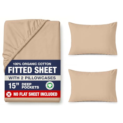Image of LANE LINEN Full Fitted Sheet, 100% Organic Cotton, 3-Piece Set (1 Fitted Sheet,2 Pillowcases), Percale Weave, Full Bed Bottom Sheet, Ultra Soft, Fits Mattress Upto 15 inch Deep - Taupe(No Flat Sheet)