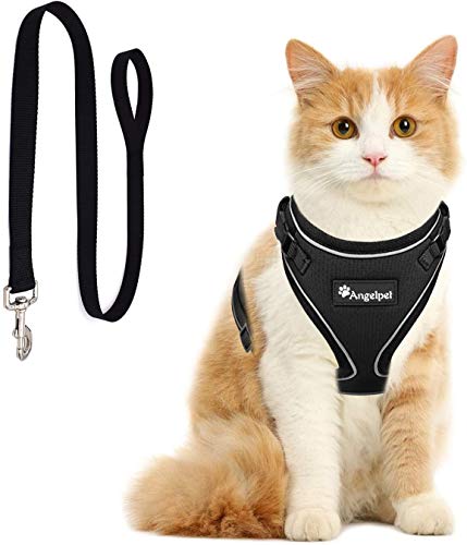 Angelpet Cat Harness and Leash Set for Walking Escape Proof,Kitten Harness,Super Soft Adjustable Breathable Cat Vest Harnesses with Reflective Strips&1Cat Leash,for Small Cats Ferrets(S, Black).