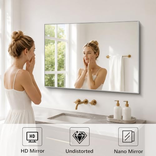 Image of DESBING 30 inch x 40 inch Bathroom Mirror, Silver Metal Frame Wall Mirror | HD Image,Shatterproof Decorative Rectangular Vanity Mirror for Bedroom Bathroom Living Room Entryway Horizontal or Vertical