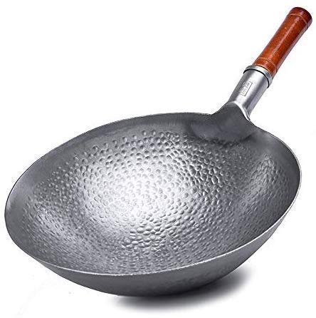 Handgeschmiedeter Eisen-Wok, Professioneller Chinesischer Traditioneller Handgehämmerter Kohlenstoffstahl-Pow-Wok Mit Ulmenholz- Und Stahl-Helfergriff - 34cm