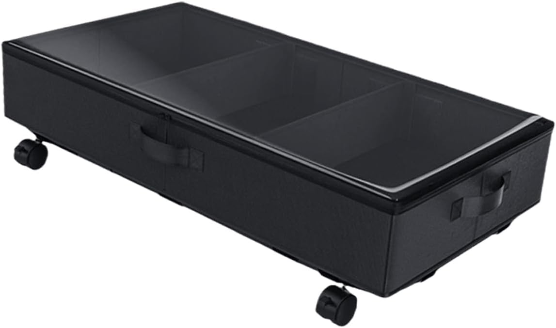 VOSAREA Bed Storage Organizer with Wheels Large Capacity Oxford Fabric 3-Grid Clothes Bin Dustproof Storage Box for Bedding Toys and Clothes Black